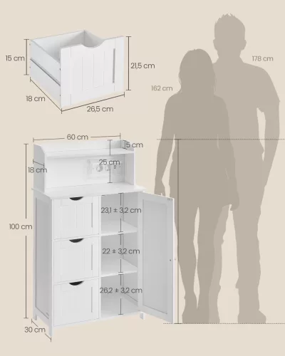 Fürdőszoba szekrény, ajtós, fiókos, állítható polccal, felhőfehér 30 x 60 x 100 cm