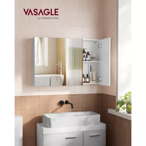 Tükörszekrény, fürdőszoba szekrény, 3 ajtós, állítható polccal, fehér