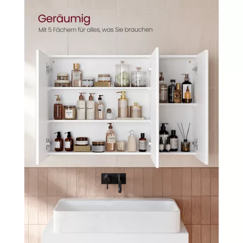 Tükörszekrény, fürdőszoba szekrény, 3 ajtós, állítható polccal, fehér