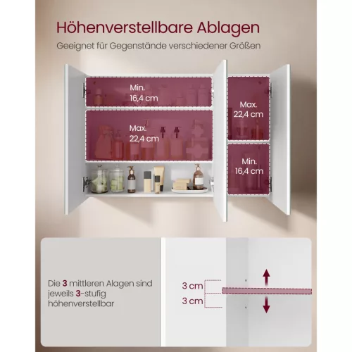 Tükörszekrény, fürdőszoba szekrény, 3 ajtós, állítható polccal, fehér