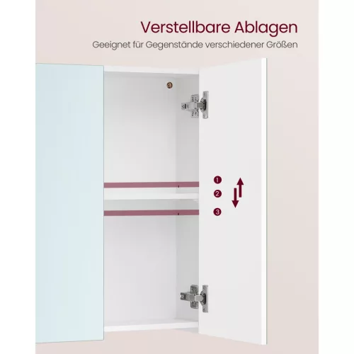 Tükörszekrény, fürdőszoba szekrény, 3 ajtós, állítható polccal, fehér