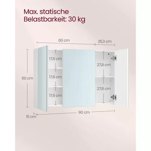 Tükörszekrény, fürdőszoba szekrény, 3 ajtós, állítható polccal, fehér