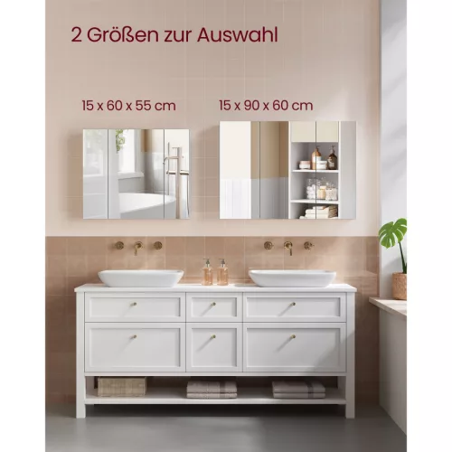 Tükörszekrény, fürdőszoba szekrény, 3 ajtós, állítható polccal, fehér