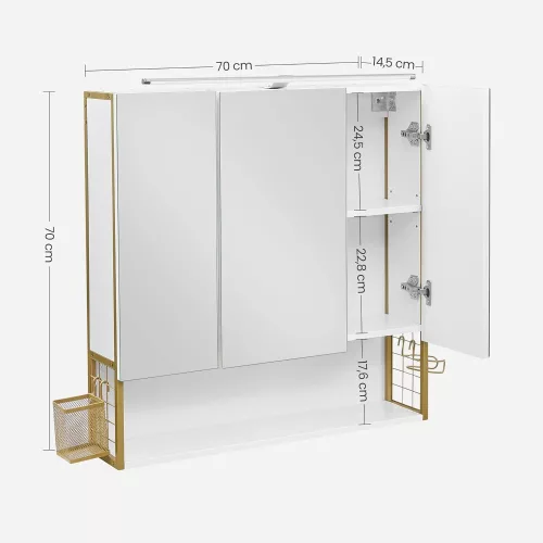 VASAGLE BBK124A10 Fürdőszobai tükör szekrény világítással, Fürdőszobai szekrény,