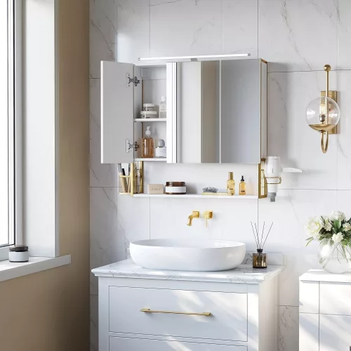 VASAGLE BBK124A10 Fürdőszobai tükör szekrény világítással, Fürdőszobai szekrény,