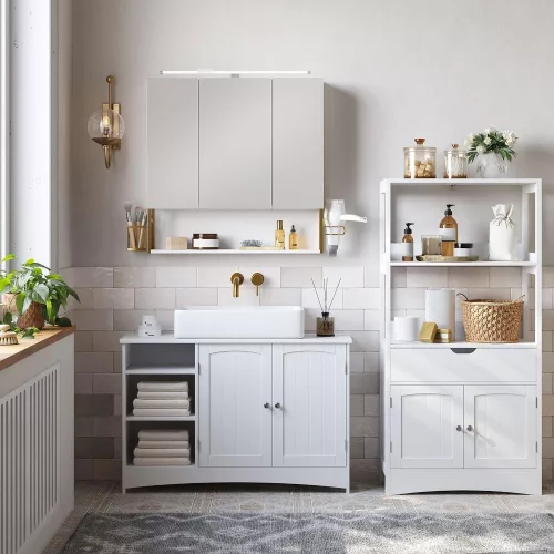 VASAGLE BBK124A10 Fürdőszobai tükör szekrény világítással, Fürdőszobai szekrény,