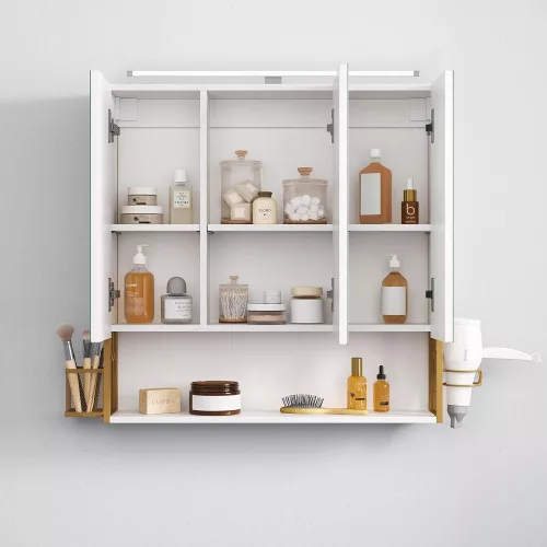 VASAGLE BBK124A10 Fürdőszobai tükör szekrény világítással, Fürdőszobai szekrény,