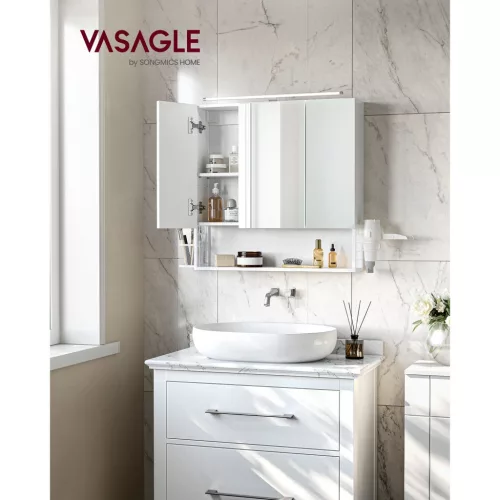 VASAGLE Fali Szekrény Tükörrel, Fürdőszobai Szekrény LED Lámpával, Kábellel, 3