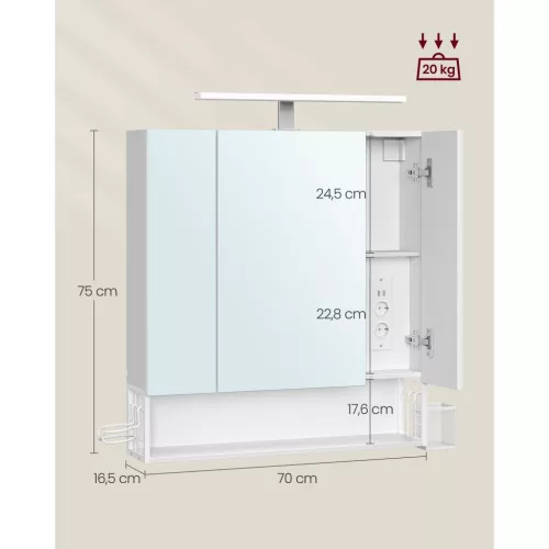 Fürdőszoba szekrény, tükörrel, három ajtós, felhőfehér 16 x 70 x 75 cm
