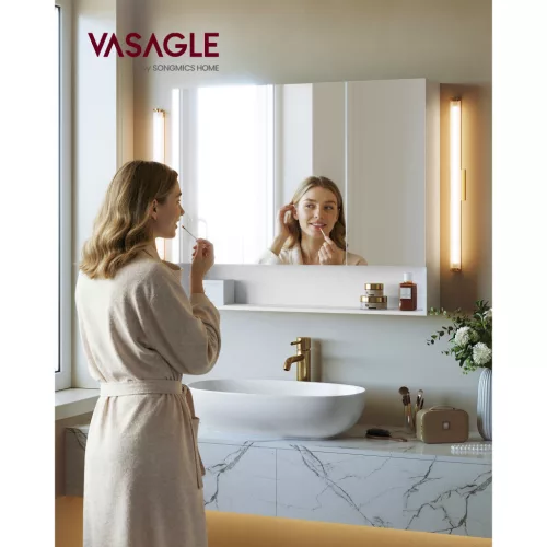 Fürdőszoba tükörszekrény, tárolóval, állítható polcokkal, felhőfehér