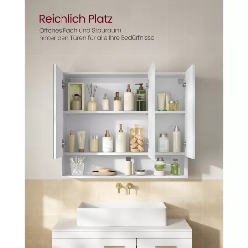 Fürdőszoba tükörszekrény, tárolóval, állítható polcokkal, felhőfehér