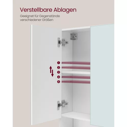 Fürdőszoba tükörszekrény, tárolóval, állítható polcokkal, felhőfehér