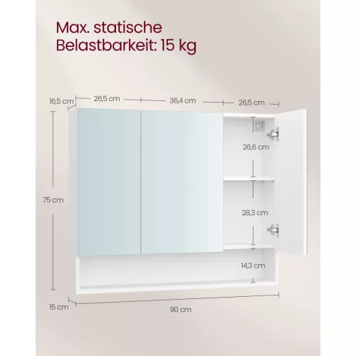 Fürdőszoba tükörszekrény, tárolóval, állítható polcokkal, felhőfehér