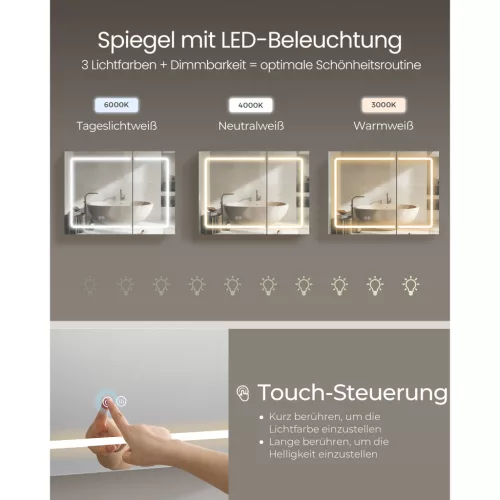 Tükörszekrény, világítással, fali, párátlanító funkcióval, fehér