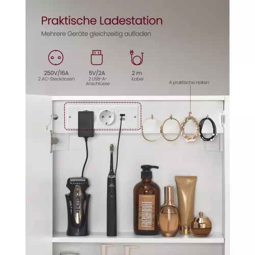 Tükörszekrény, világítással, fali, párátlanító funkcióval, fehér