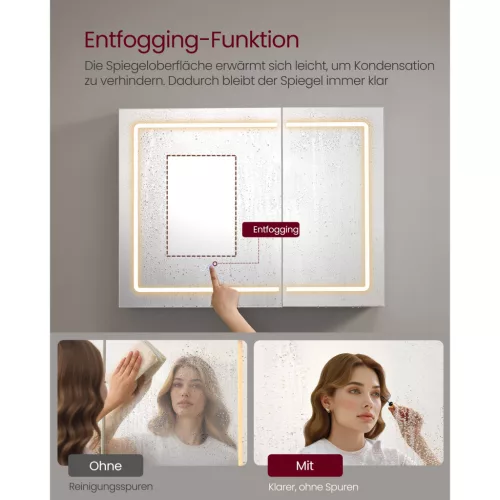 Tükörszekrény, világítással, fali, párátlanító funkcióval, fehér