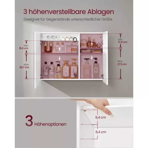 Tükörszekrény, világítással, fali, párátlanító funkcióval, fehér