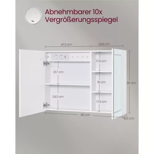 Tükörszekrény, világítással, fali, párátlanító funkcióval, fehér