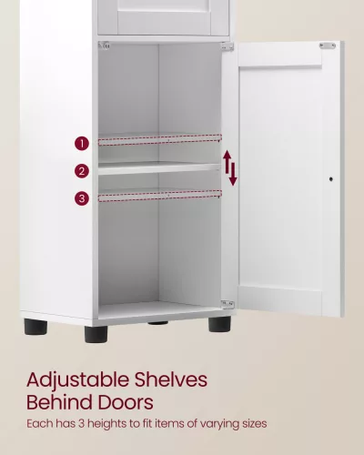 Magas fürdőszoba szekrény, keskeny tároló szekrény, üvegajtós, fehér