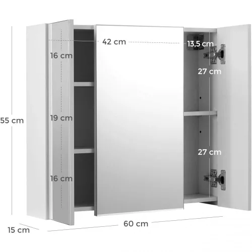 VASAGLE Fürdőszobai falikád, szekrény tükörrel, 3 ajtós tárolószekrény, 60 x 15 x 55 cm,