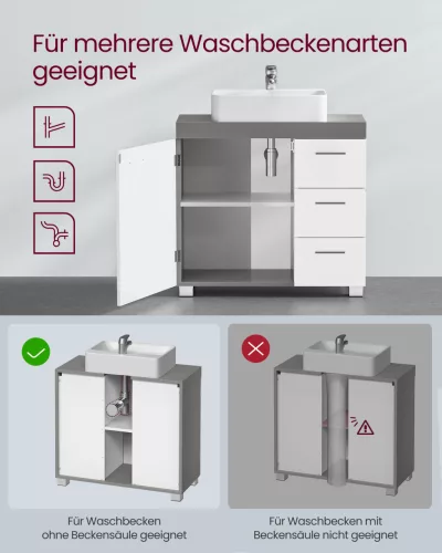 Mosdó alatti fürdőszoba szekrény, 3 fiókos, 1 ajtós, felhő fehér és cement