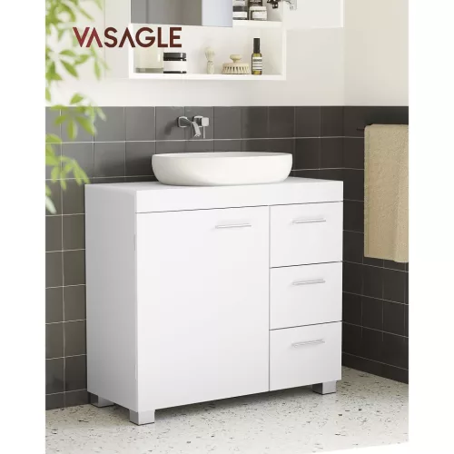 VASAGLE BBK503W10 Fürdőszobai Szekrény 3 Nagy Fiókkal, Fürdőszobai Szekrény, 2 Rekesz az