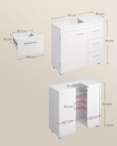 Mosdó alatti fürdőszoba szekrény, 3 fiókos, fehér 30x70x64cm