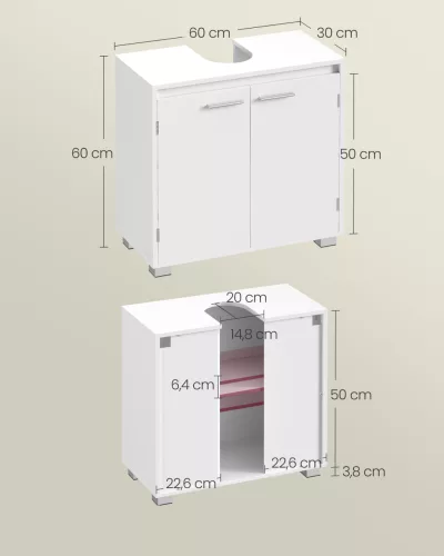 Mosdó alatti fürdőszoba szekrény, 2 ajtós, felhőfehér 60x30x60cm