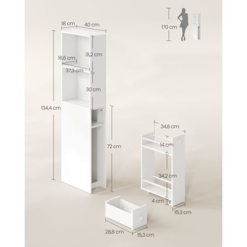 Keskeny fürdőszoba tároló szekrény, álló, fehér 40 x 30 x 80 cm