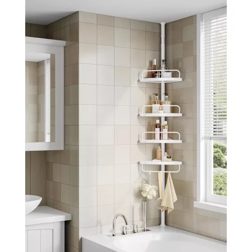 SONGMICS Állítható Fürdőszobai Sarokpolc, Teleszkópos Zuhanykosár, 85-305 cm, Padlótól