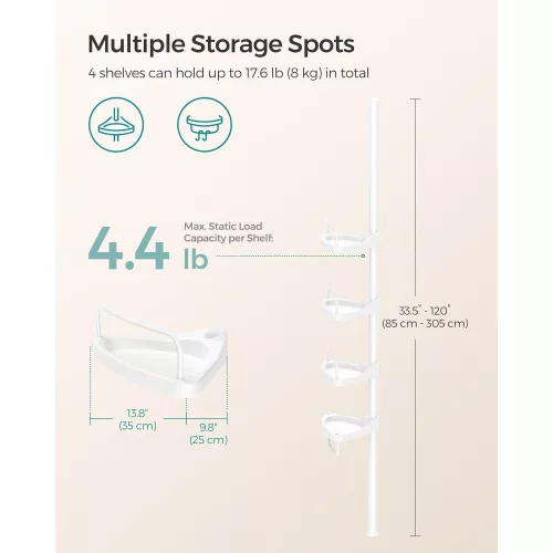 SONGMICS Állítható Fürdőszobai Sarokpolc, Teleszkópos Zuhanykosár, 85-305 cm, Padlótól