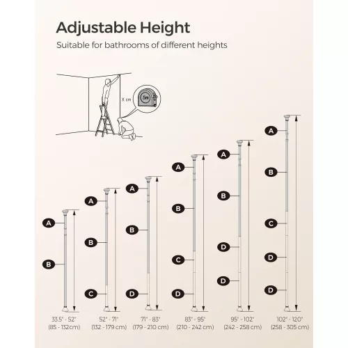 SONGMICS Állítható Fürdőszobai Sarokpolc, Teleszkópos Zuhanykosár, 85-305 cm, Padlótól