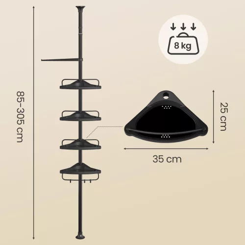Fürdőszoba sarokpolc, teleszkópos, 4 szintes, fekete, 35 x 25 x 85-305 cm