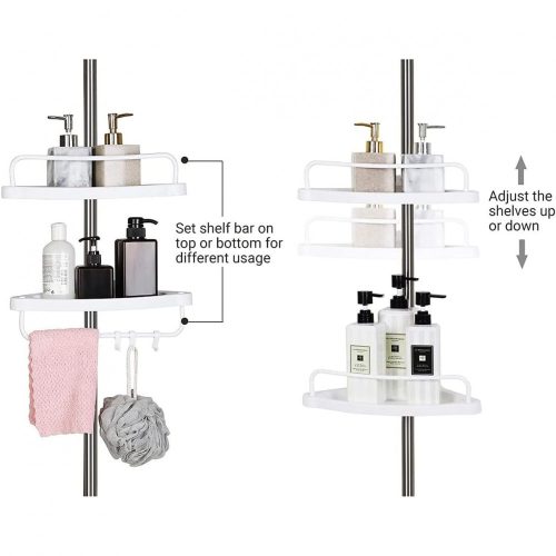 SONGMICS Állítható Fürdőszobai Sarokpolc, Teleszkópos Zuhanykosár, 95-300 cm, Padlótól
