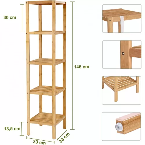 SONGMICS 5 szintes bambusz fürdőszobai polc, álló konyhai állvány, 33 x 33 x 146 cm (H x SZ x