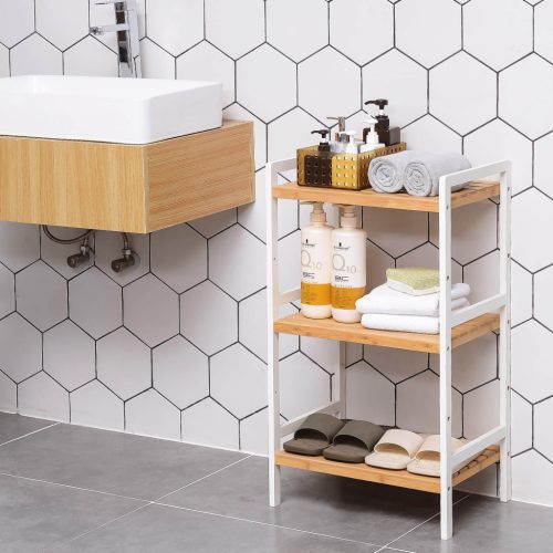 Bambusz tároló polc 3 szintes fürdőszobába, konyhába, természetes 45x32x80cm