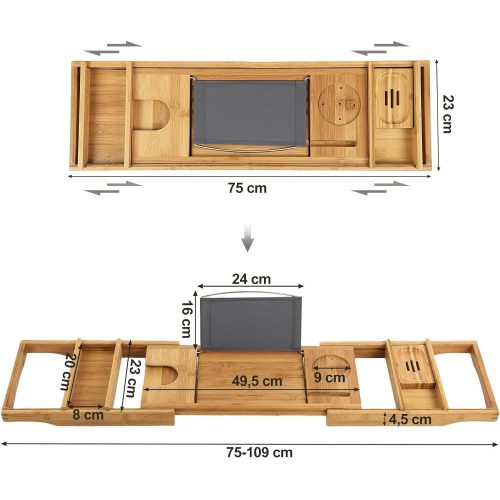 SONGMICS BCB88Y Kihúzható bambusz fürdőpolc itallal, könyvtartóval, szappantartóval 75-109 x