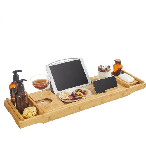 SONGMICS BCB88Y Kihúzható bambusz fürdőpolc itallal, könyvtartóval, szappantartóval 75-109 x