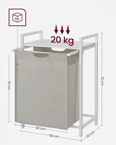 VASAGLE Mosható kosár, mosókosár, kihúzható és levehető mosózsák, polc, fém váz, 65L, 50