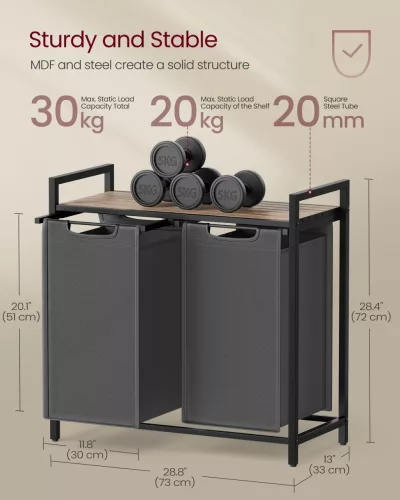 Szennyestartó 2 rekeszes, kihúzható és levehető zsákkal 2x46L, barna és szürke