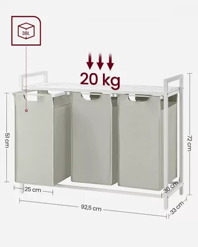 VASAGLE Mosható kosár, 3 rekeszes mosókosár, kihúzható és levehető mosózsákokkal,