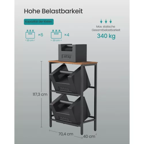 Ital tárolópolc 2 szintes, 4 rekeszes, 150 kg teherbírás, rusztikus barna