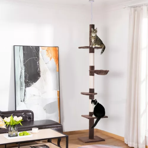 PawHut mennyezetig érő, 230-260 cm-ig állítható magasságú macskafa stabil szizáloszlopokkal,