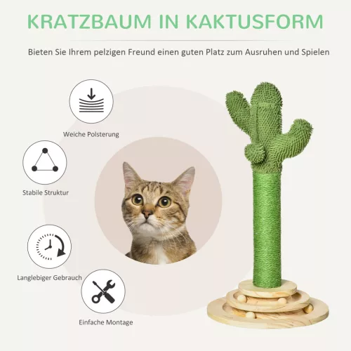PawHut macskakaparó kaktusz dizájnnal, 60 cm, fenyőfából és szizál kötéllel, fa golyós