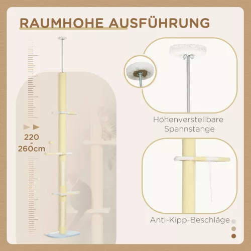 PawHut Kratzbaum, mennyezetig érő macskafa, 220-260 cm, mászófa játéklabdával, állítható