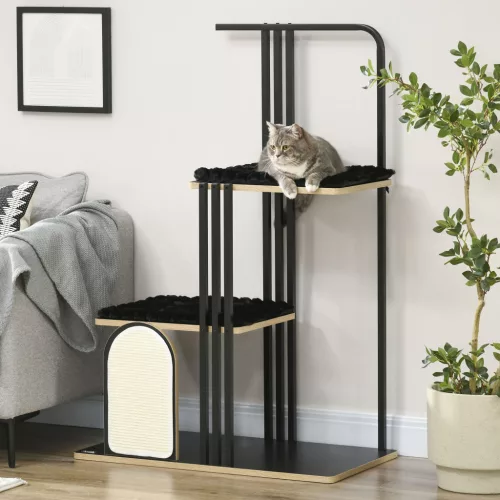 PawHut 128 cm magas macskafa párnával, kaparódeszkával, 2 platformmal, strapabíró acélból