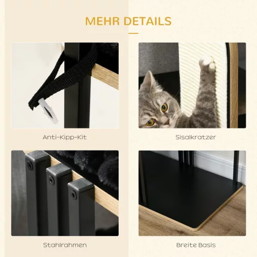 PawHut 128 cm magas macskafa párnával, kaparódeszkával, 2 platformmal, strapabíró acélból
