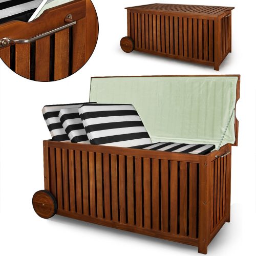 Kerti tároló láda, akácfából, 350 liter, 124 x 52 x 58 cm, vízzálló