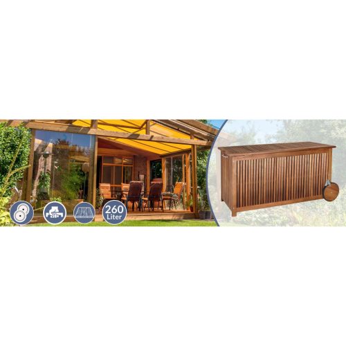 Kerti tároló láda, akácfából, 350 liter, 124 x 52 x 58 cm, vízzálló