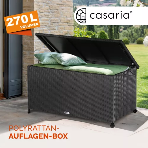 Kerti tároló láda, polyrattan, fekete, 117x53x60 cm, kerekekkel, fogantyúval
